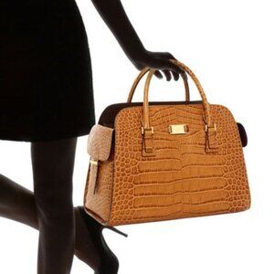 Michael Kors Gia Crocodile Embossed Leather Satchel in Barley